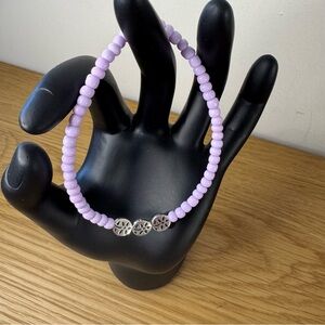 Glass Beaded Elastic Bracelet Lilac Metal Antique Carved Flower Design